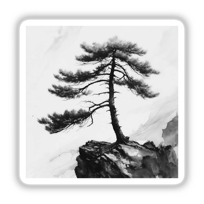 Sumi-e Pine Tree on Cliffside Minimal Japanese Landscape Art, available as stickers or digital artwork, depicts a serene tree perched on a cliff, embodying simplicity and elegance characteristic of Decal Venue's offerings.
