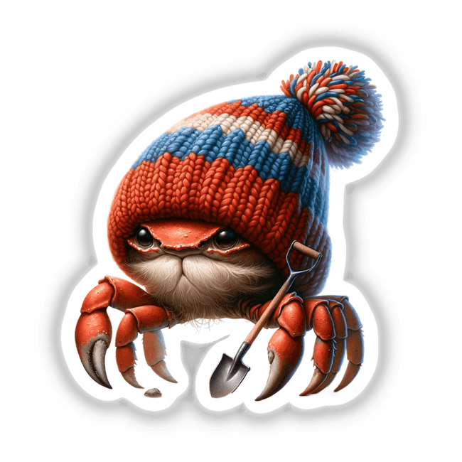 Crab Gnome with Shovel: A whimsical cartoon crab wearing a hat and holding a shovel, available as stickers or digital artwork.