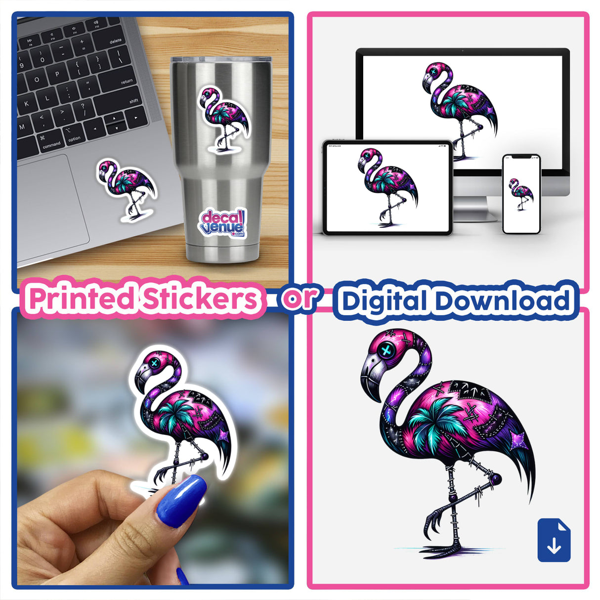 Gothic Flamingo sticker collage featuring various flamingo designs, including one with palm trees, on items like cups, laptops, and a fingernail, showcasing its versatile decorative use.