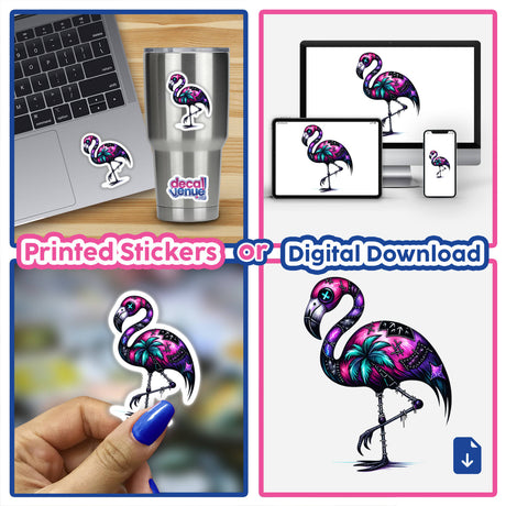 Gothic Flamingo sticker collage featuring various flamingo designs, including one with palm trees, on items like cups, laptops, and a fingernail, showcasing its versatile decorative use.