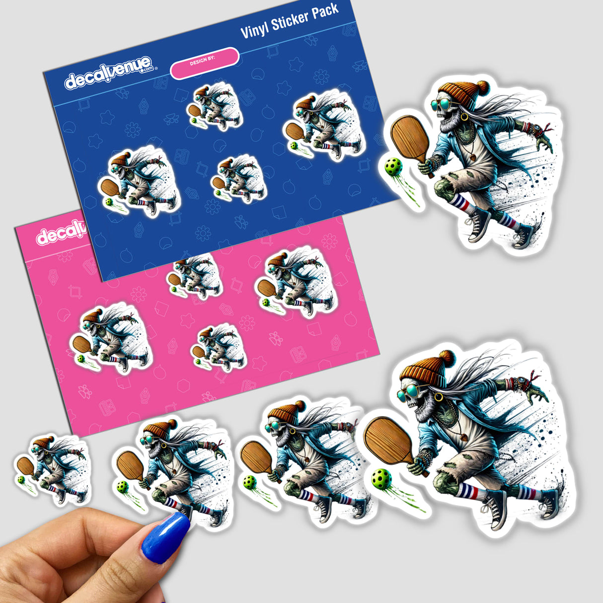 Sticker pack featuring a cartoon skeleton playing pickleball, available as stickers or digital artwork from Decal Venue.