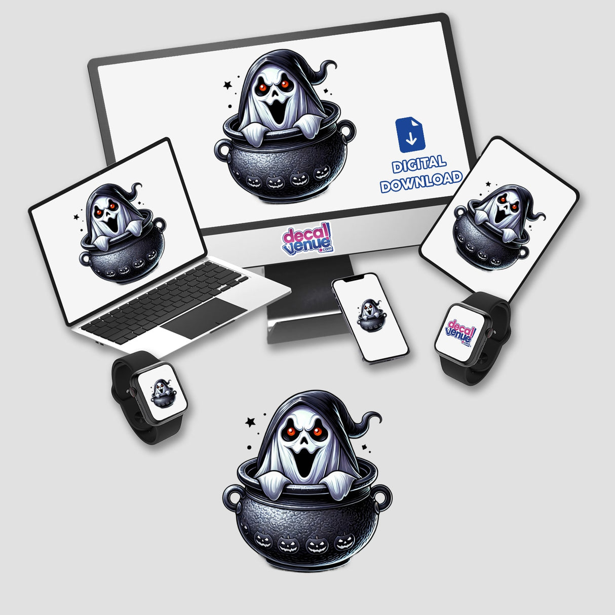 Spooky Ghost Peeking Out of Cauldron Halloween Digital Artwork from Decal Venue