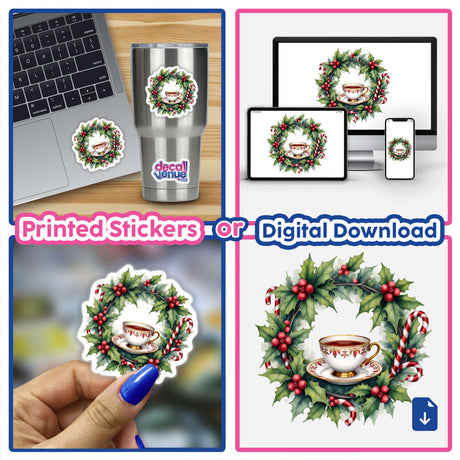 Collage featuring 'Teacup and Saucer in a Christmas Wreath' design, showcasing stickers or digital art of a teacup adorned with candy canes and holly, alongside a laptop with a related sticker.