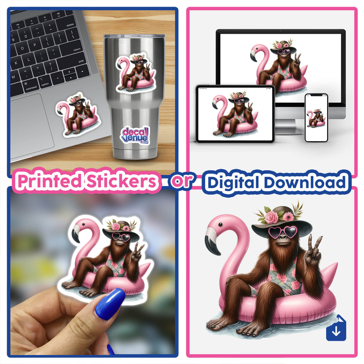 Sasquatch Showing Peace in Flamingo Float: Cartoon monkey in hat and sunglasses on a flamingo float, available as stickers or digital artwork, embodying Decal Venue's unique vinyl stickers and digital art theme.