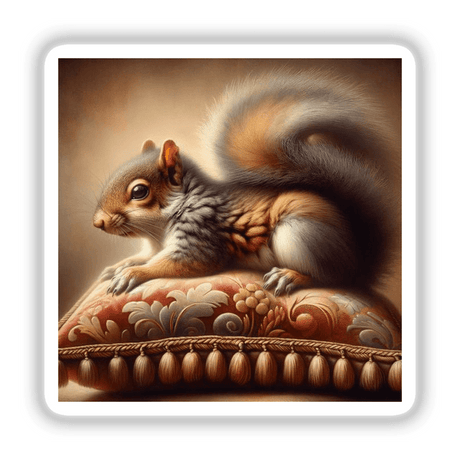 Resting Squirrel on Velvet Cushion: A digital artwork featuring a squirrel lounging on a plush pillow, available as stickers or digital downloads.
