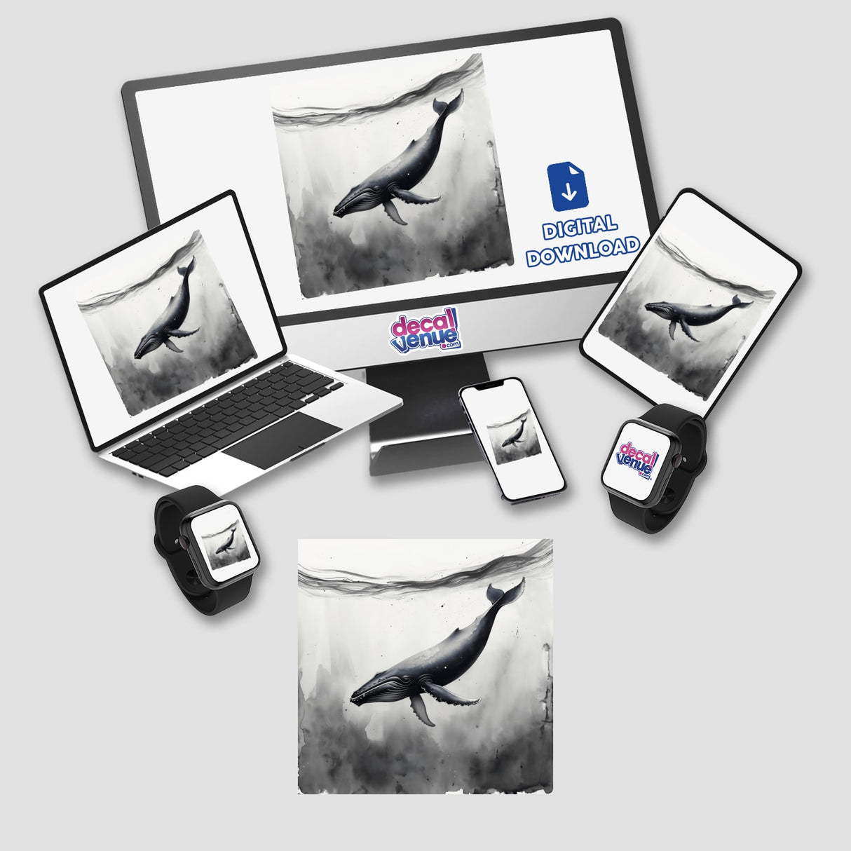 Sumi-e Whale Beneath Ocean Waves Japanese Ink and Wash Painting available as stickers or digital artwork, displaying a graceful whale elegantly depicted in traditional brushstrokes, perfect for art enthusiasts.