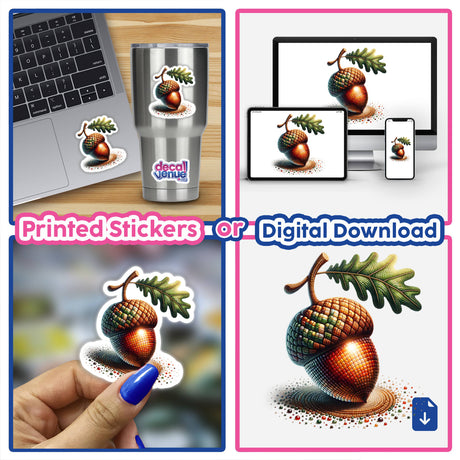 Unique Acorn and Leaf Mosaic Design sticker displayed on a laptop, showcasing a detailed close-up of the acorn with a leaf.
