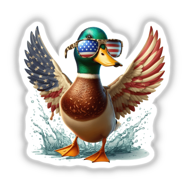 Mallard Duck with American Flag Wings depicted as a sticker or digital artwork, showcasing intricate detailing and patriotic theme, characteristic of Decal Venue's unique vinyl and digital art offerings.