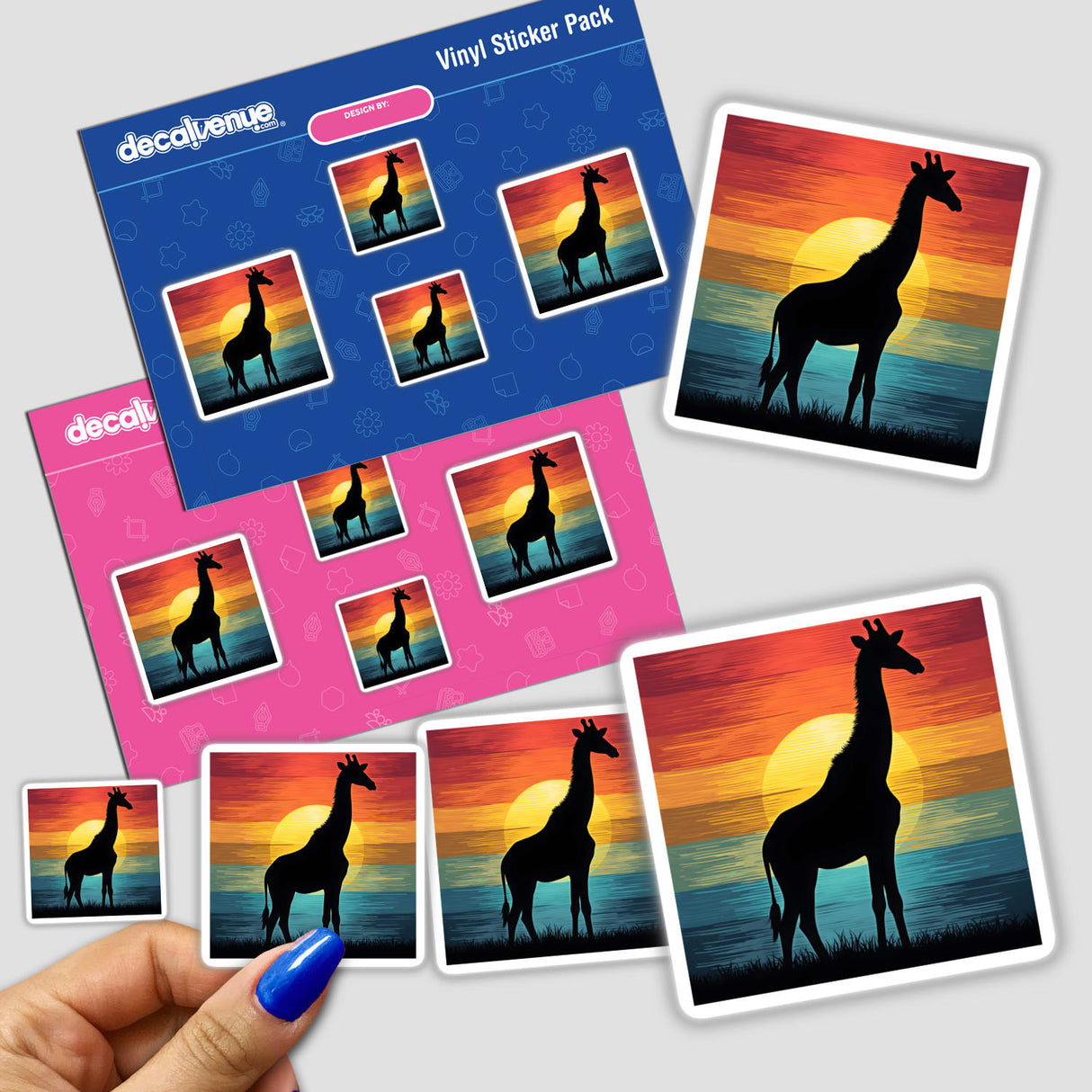 Giraffe Silhouette with Dynamic Color Stripes: Stickers featuring giraffe silhouettes against a vibrant sunset, showcasing unique designs.