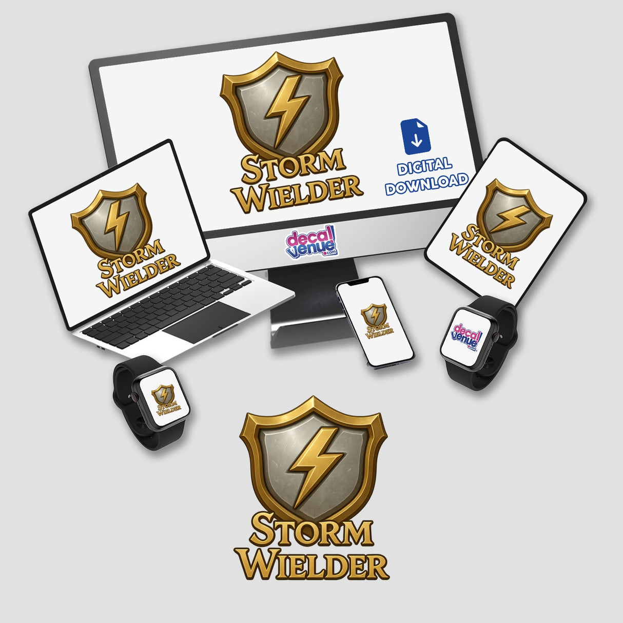 Storm Wielder – RPG-Style Skill Badge features a Gold & Silver Lightning Crest, available as stickers or digital artwork, ideal for fans of unique, skill-themed designs from Decal Venue.