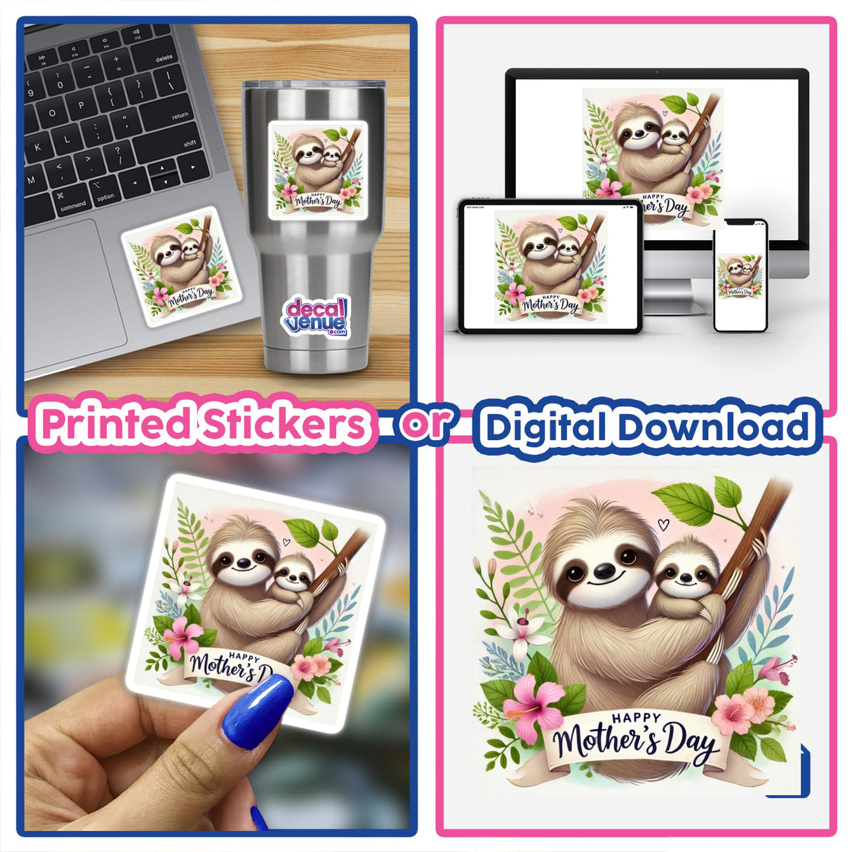 Sloth happy mother's day illustration for mother featuring a cartoon sloth with baby on a sticker, suitable for laptops or as digital artwork from Decal Venue.