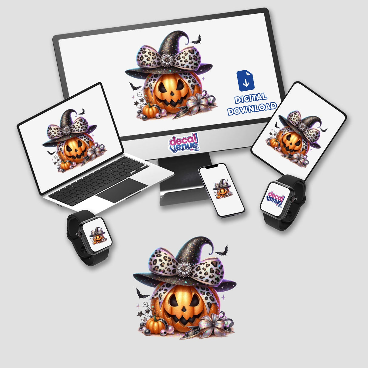 Orange Pumpkin Leopard Coquette Bow Witch Hat displayed on multiple screens including a laptop and smartwatch, available as stickers or digital artwork from Decal Venue.