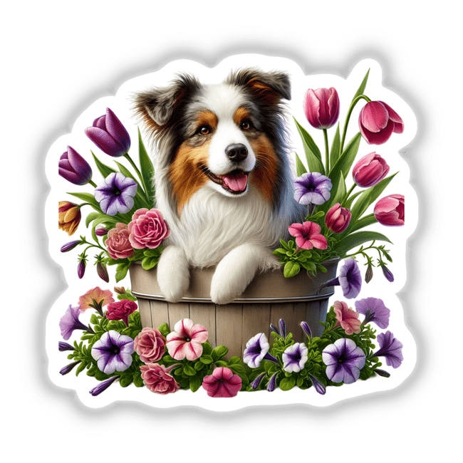 Australian Shepherd Dog Peeking Out of Flower Pot