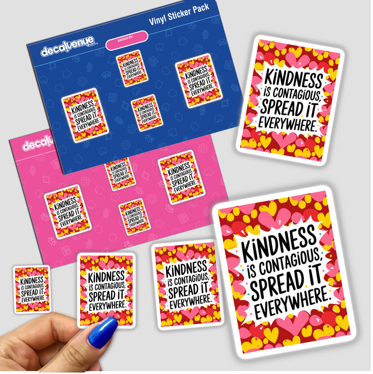 Hand holding a Kindness is contagious, spread it everywhere sticker pack, showcasing vibrant design elements, reflecting Decal Venue's unique vinyl stickers and digital art offerings.