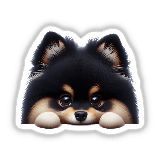 Peeking Tan and Black Pomeranian Pom Dog depicted in a playful pose, available as a sticker or digital artwork from Decal Venue, known for unique vinyl stickers and digital art.
