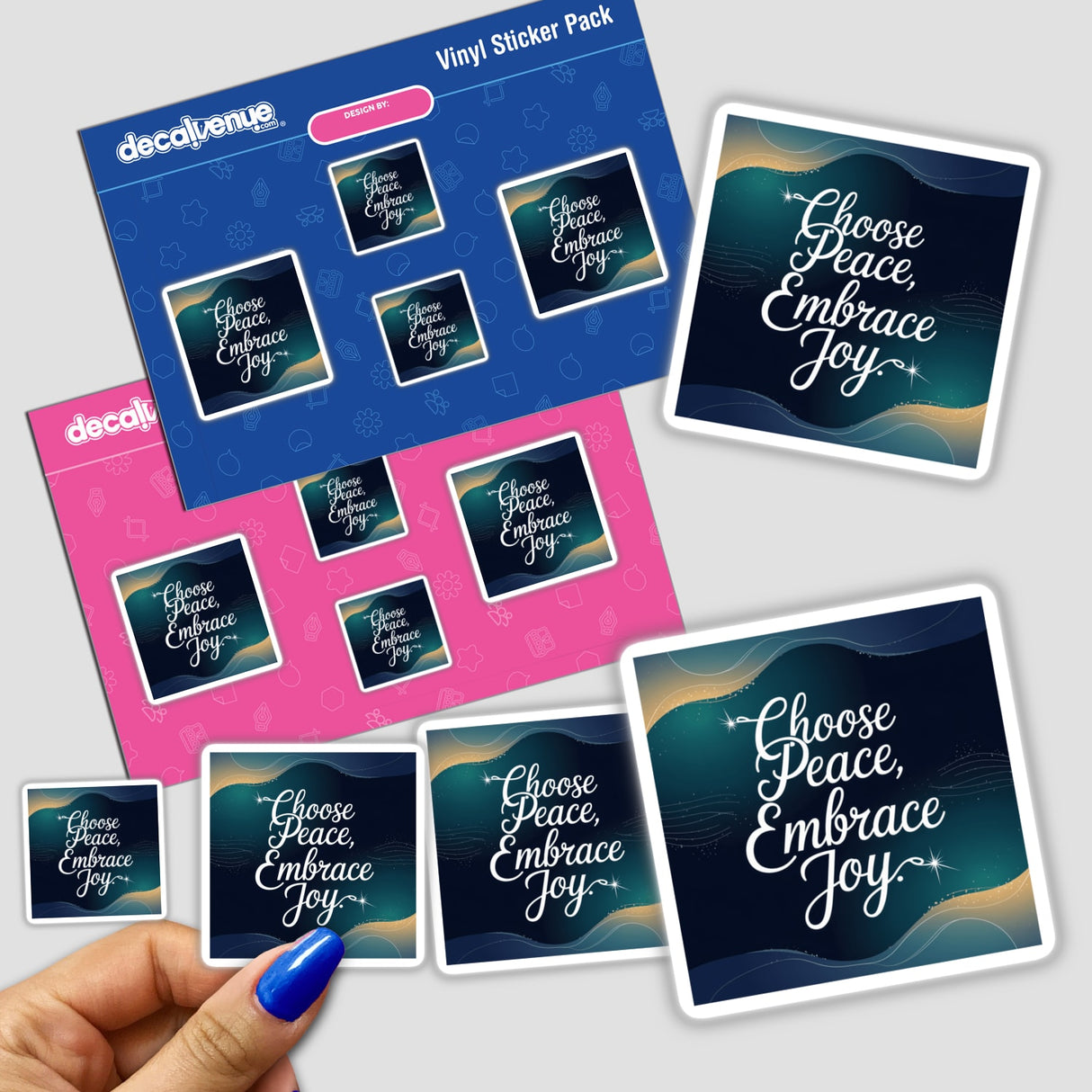 Hand holding a Choose Peace, Embrace Joy sticker, showcasing intricate design details, available as part of Decal Venue's unique vinyl sticker and digital art collection.