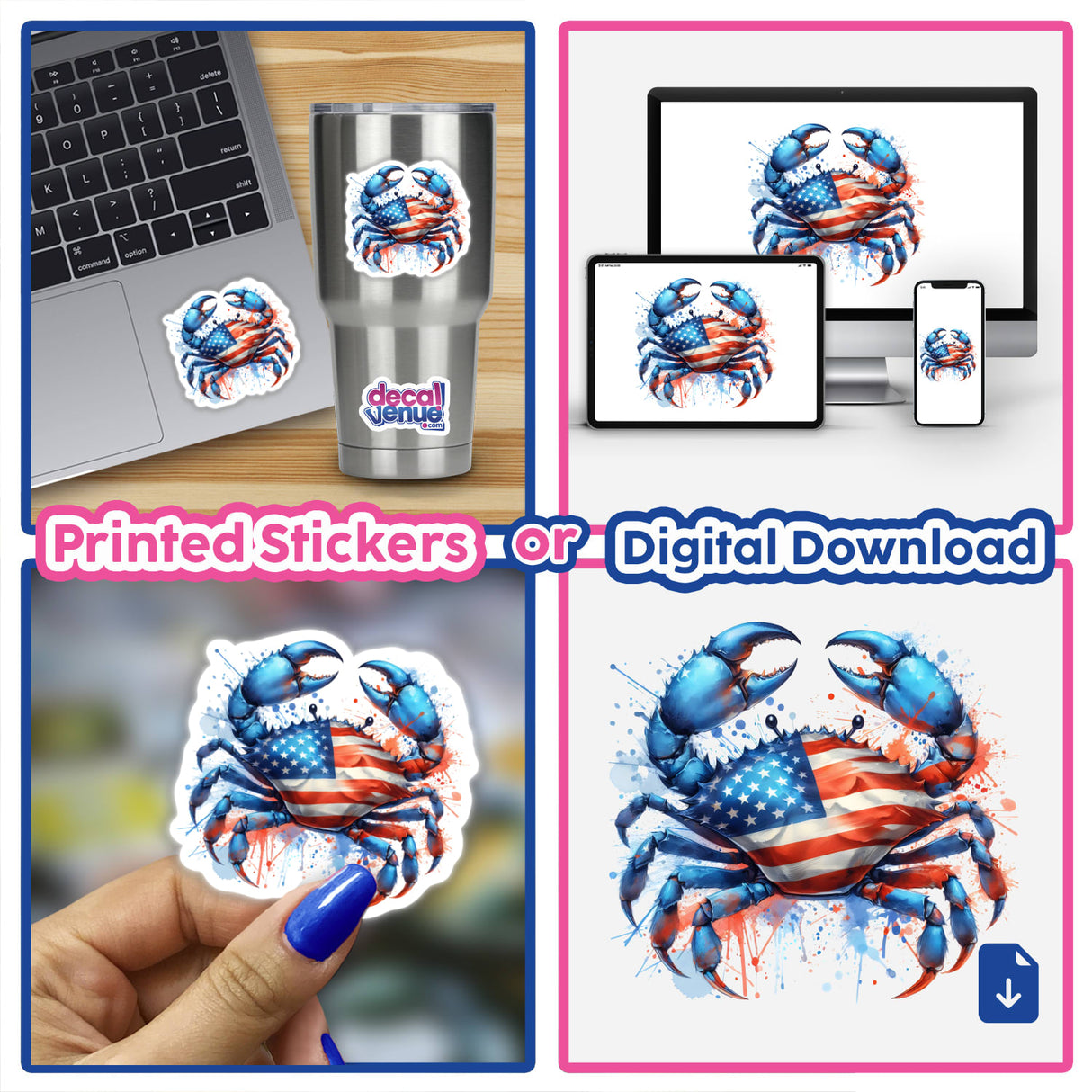 Collage featuring the American Flag Blue Crab Watercolor Splatter as stickers and digital artwork, displayed on various devices like laptops and phones.
