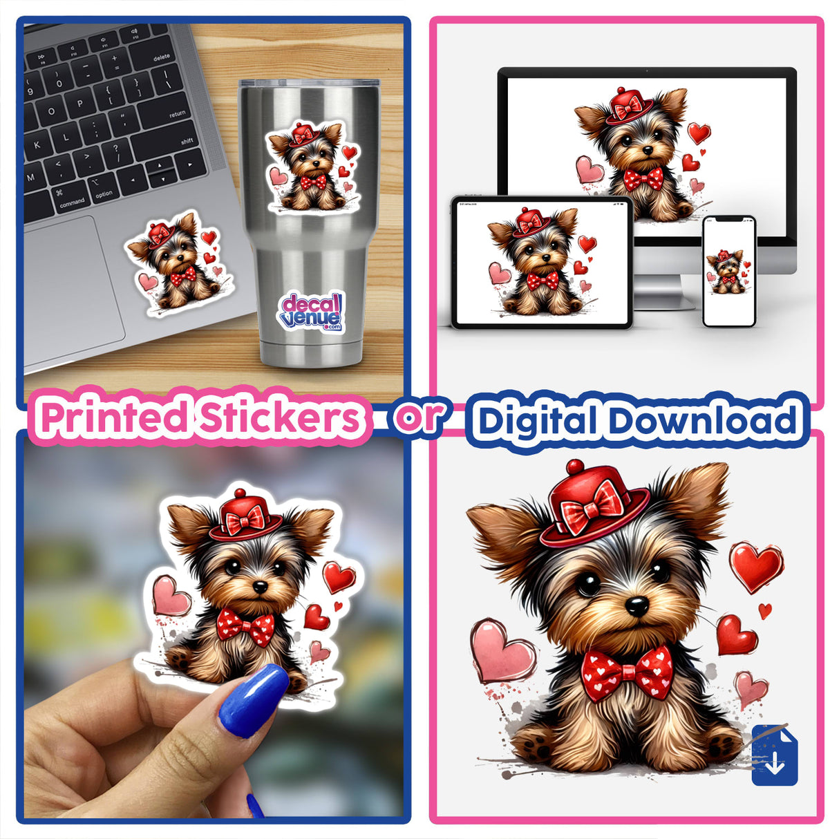 Floating Hearts Yorkie Dog sticker collage featuring a small dog in a hat and bow tie alongside a laptop, exemplifying Decal Venue's unique vinyl stickers and digital art offerings.