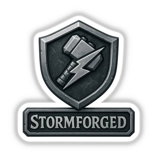 Stormforged – RPG-Style Skill Badge featuring a detailed silver and gray thunder hammer crest, available as unique stickers or digital artwork, capturing the essence of fantasy role-playing themes.