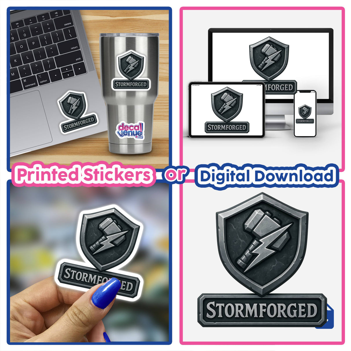 Stormforged RPG-Style Skill Badge depicts a silver and gray thunder hammer crest, available as stickers or digital artwork, embodying Decal Venue's unique vinyl and digital art offerings.