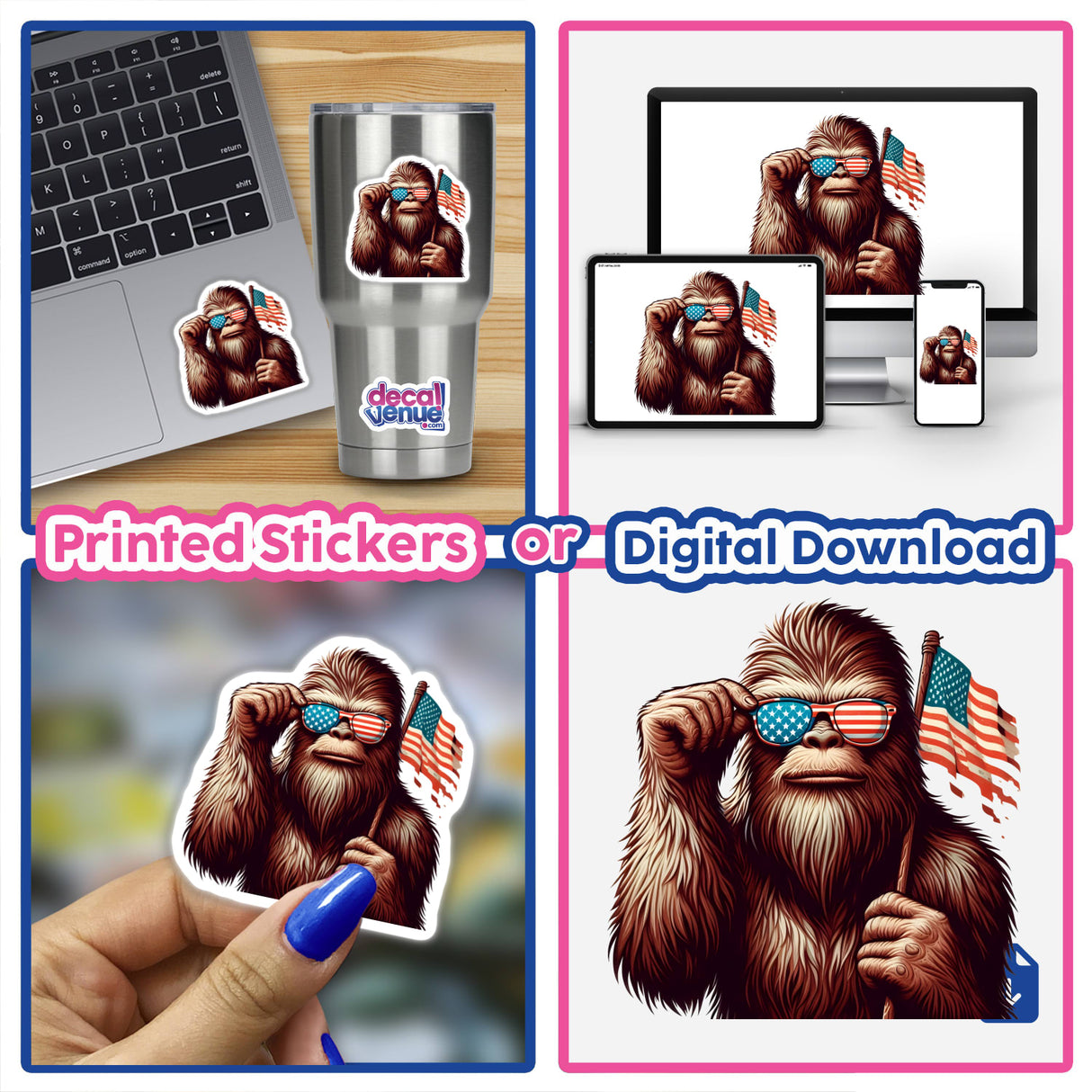Sasquatch Holding American Flag depicted on vinyl stickers and digital art; shown on laptops, tumblers, and digital devices, highlighting versatile display options from Decal Venue's unique collection.