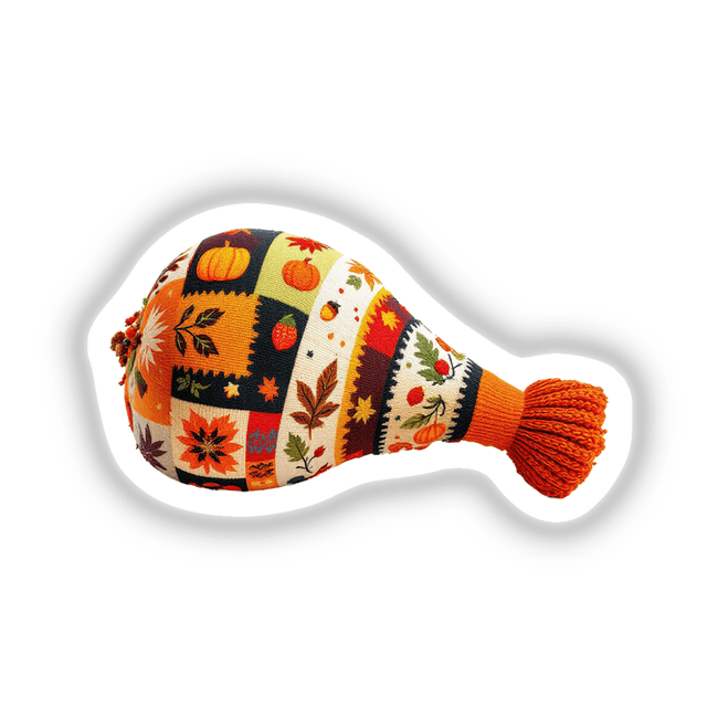 Thanksgiving Turkey Leg Knit Fabric Style, depicted as a creatively designed stuffed toy with intricate knitting patterns, available as unique stickers or digital artwork.