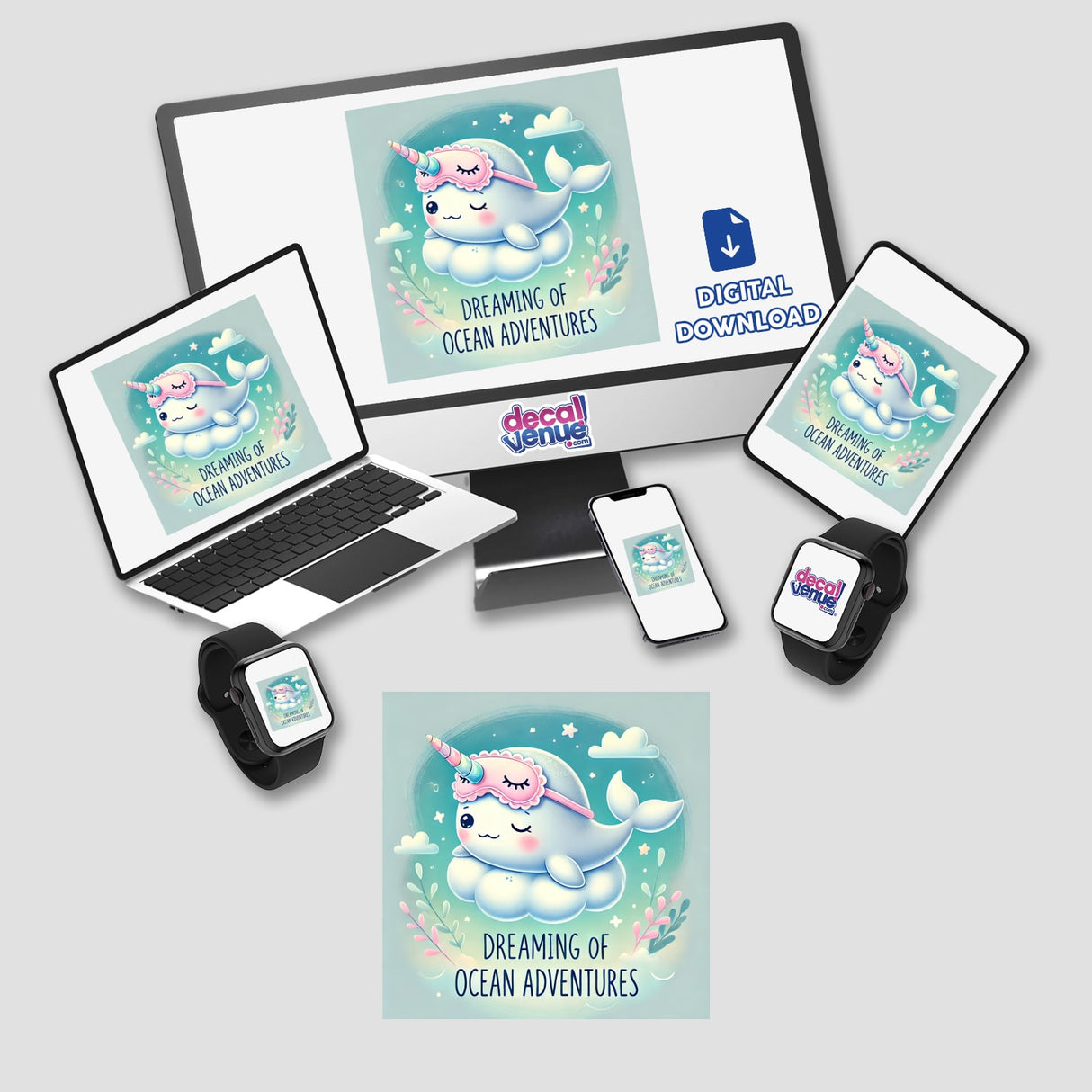 Napping Narwhal - Dreaming of ocean adventures displayed on a computer monitor and laptop, featuring a cartoon whale with a unicorn horn, available as unique stickers or digital artwork at Decal Venue.