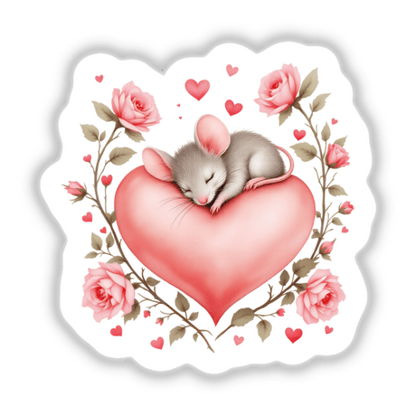 Sleeping Mouse on a Heart with Roses: A whimsical sticker or digital artwork featuring a mouse nestled on a heart adorned with roses, perfect for personalizing your space.