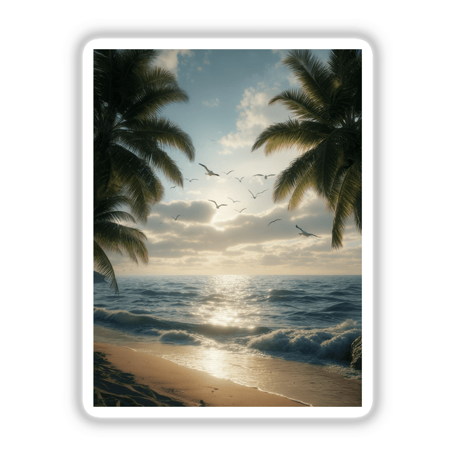 Tropical Sunset Seagulls Over Ocean Waves: A serene beach scene with palm trees and seagulls above crashing waves, available as stickers or digital artwork from Decal Venue.
