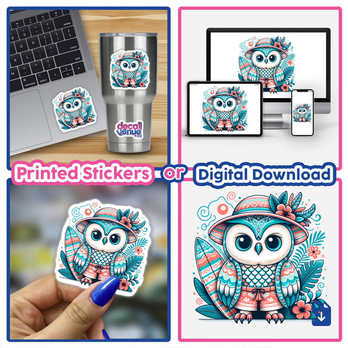 Owl in Summer Beach Hat with Surfboard