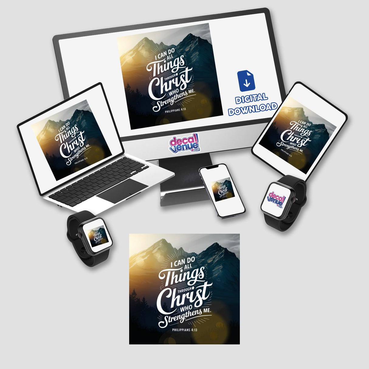 Philippians 4:13 I can do all things through Christ who strengthens me displayed on digital screens like a laptop, phone, and tablet, showcasing the design available as stickers or digital artwork.