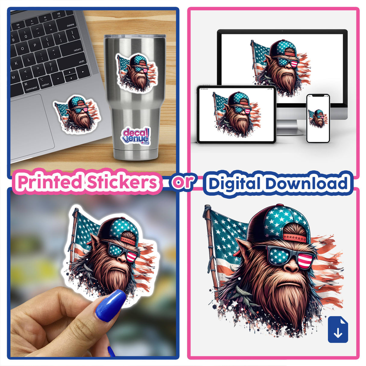 Collage featuring Vintage American Flag Sasquatch sticker artwork on laptops, showcasing a cartoon monkey with sunglasses and hat. Available as unique vinyl stickers or digital art from Decal Venue.
