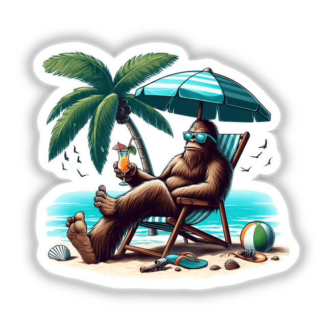 Sasquatch Sitting on Beach with Drink cartoon, featuring a gorilla lounging under a palm tree with a beverage, available as unique stickers or digital artwork from Decal Venue.