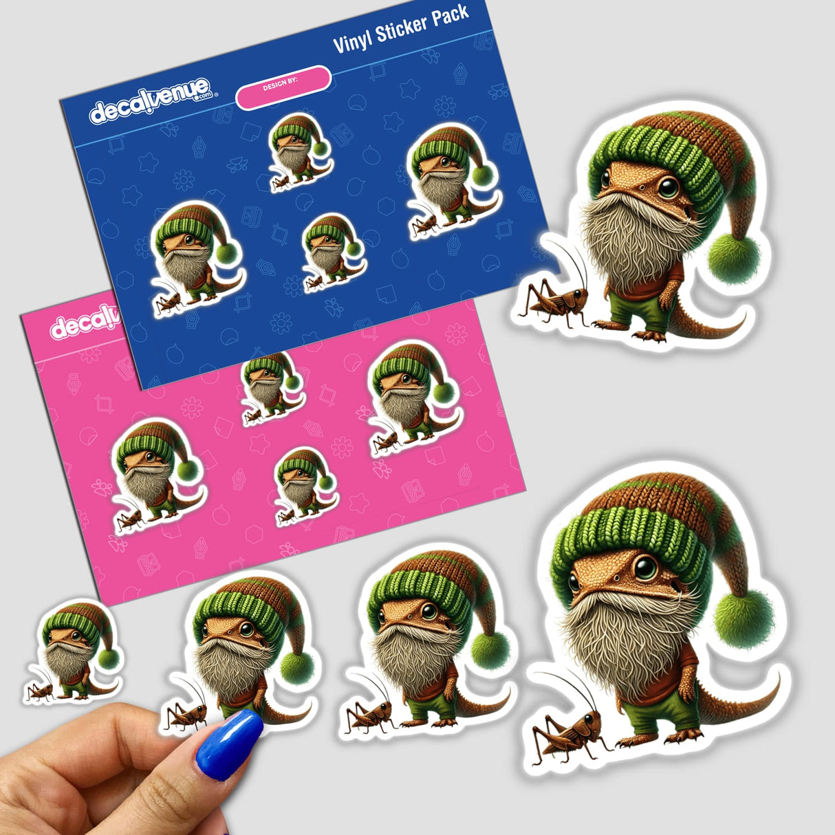 Stickers featuring a bearded dragon with a cricket, showcasing cartoon characters. Available as stickers or digital artwork from Decal Venue.