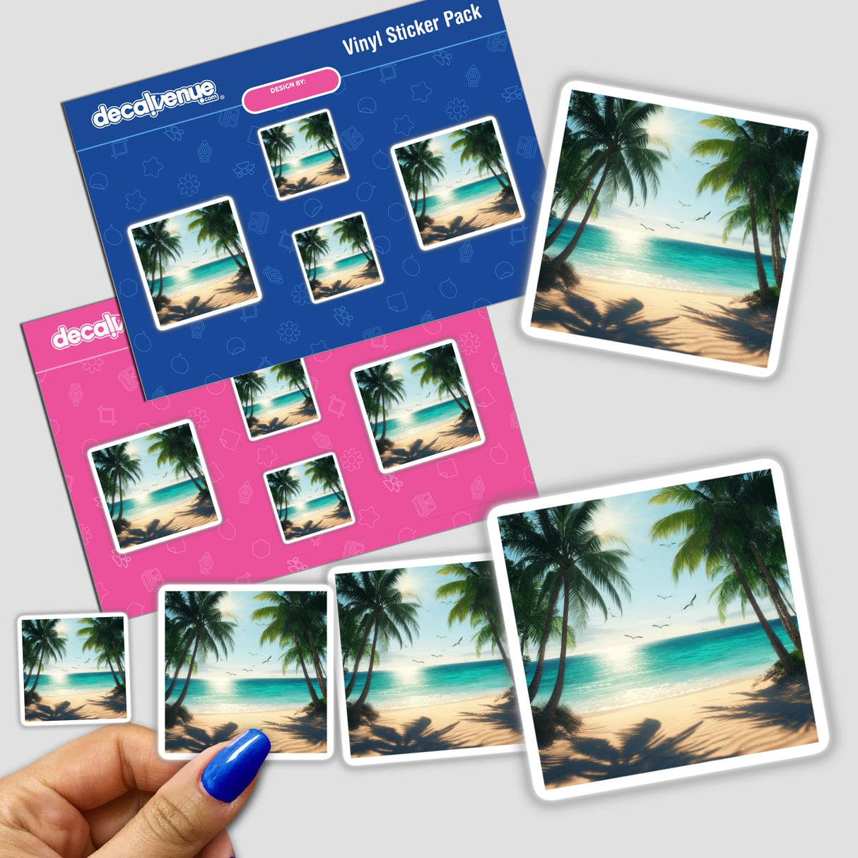 Tropical Paradise Seagulls Over Ocean Shore sticker pack features vibrant beach scenes with palm trees and seagulls, ideal for enhancing surfaces with a touch of coastal charm.