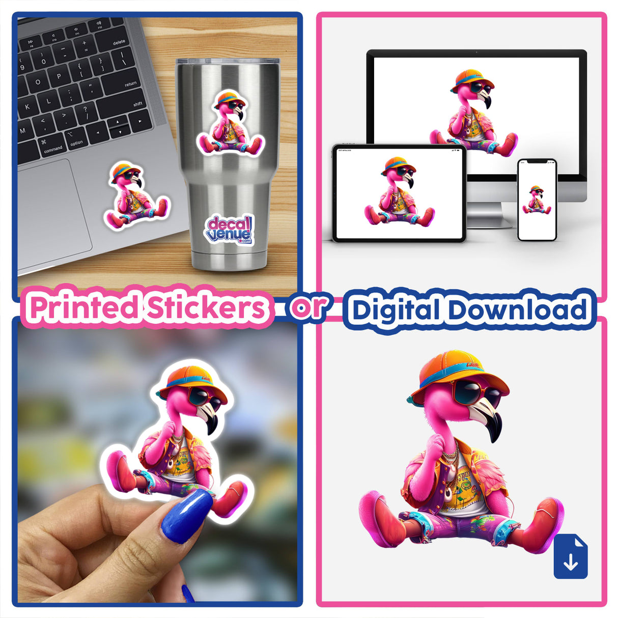 Trendy Flamingo Sitting Pretty sticker displayed on a laptop, featuring a cartoon flamingo with sunglasses and a hat. Available as stickers or digital artwork from Decal Venue.