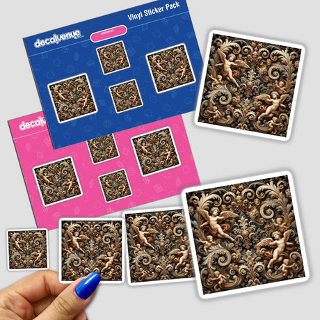 Baroque Fractals - Classical Motifs with Recursive Designs: Stickers featuring intricate angels and swirls, displayed with a close-up of a person's finger pointing at the detailed artwork.