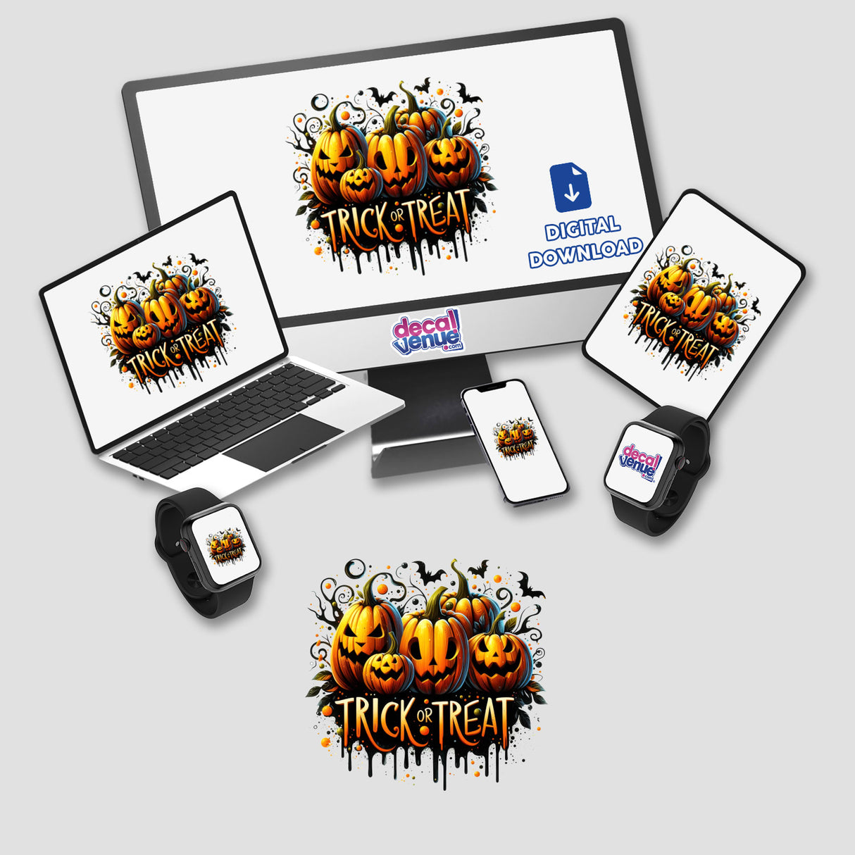 Spooky Halloween Pumpkins Trick or Treat stickers or digital artwork featuring pumpkins with text, displayed on a computer monitor and various devices.