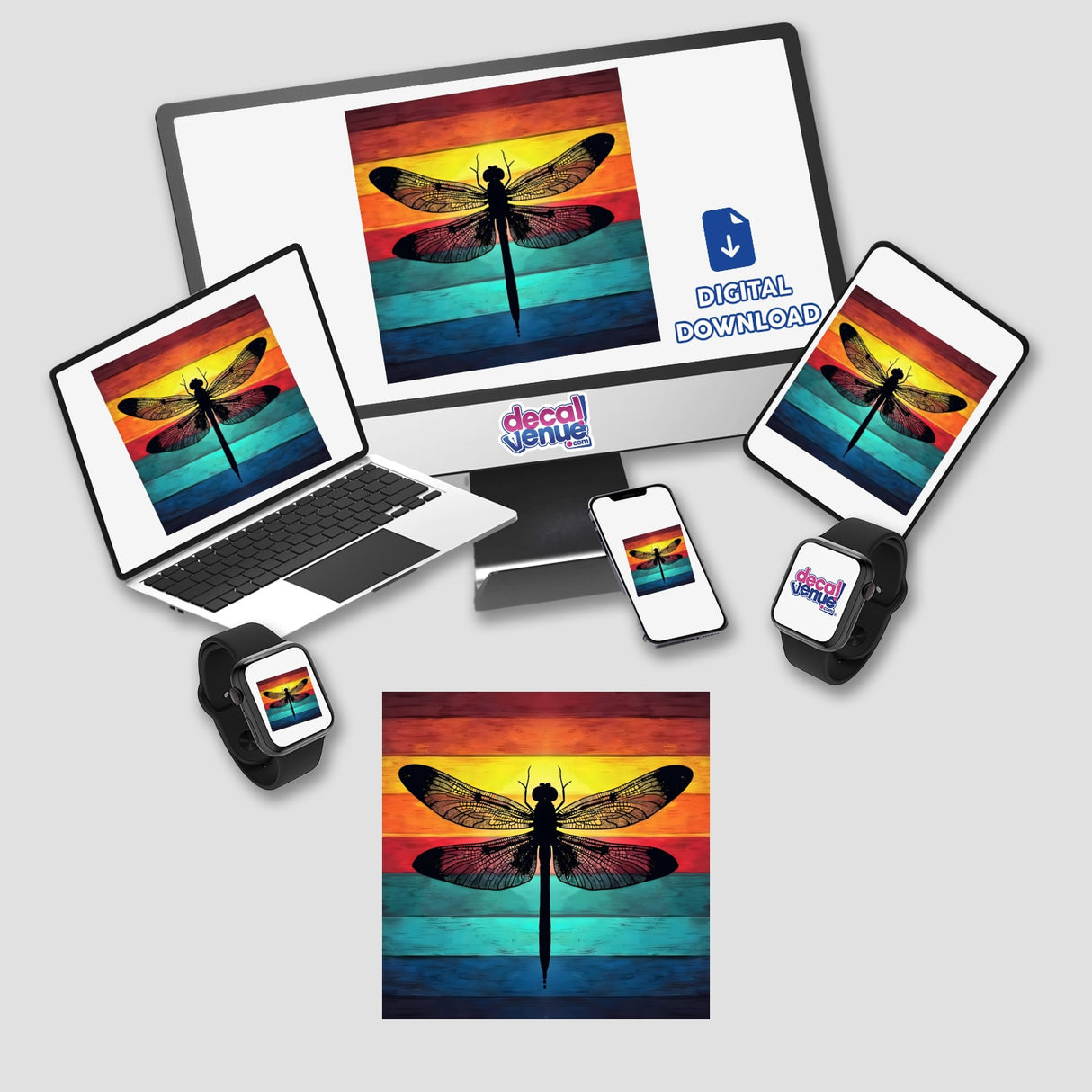Dragonfly Silhouette with Multi-Color Stripes displayed on various devices, including a computer monitor, laptop, tablet, and phone. Available as Stickers or Digital Artwork from Decal Venue.