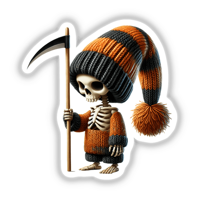 Skeleton Gnome with Scythe - Unique spooky digital artwork featuring a skeletal figure in an orange and black knit hat, holding a scythe against a transparent background.