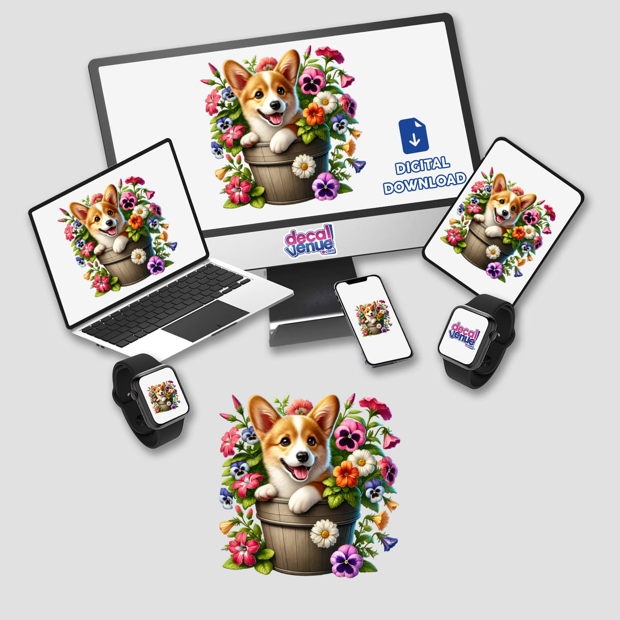 Corgi Dog Peeking Out of Flower Pot