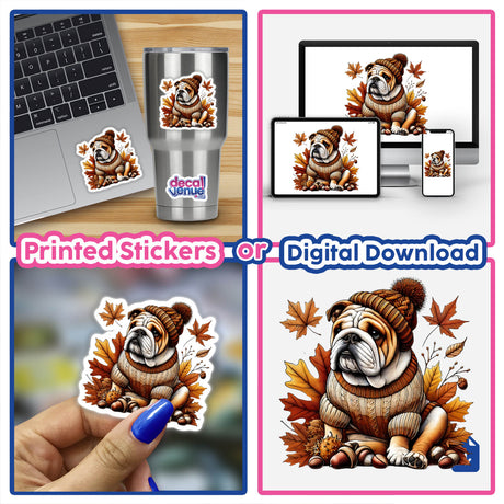 Adorable autumn bulldog in cozy sweater - digital artwork featuring a charming pup surrounded by fall foliage, available as printed stickers or digital download from DecalVenue.