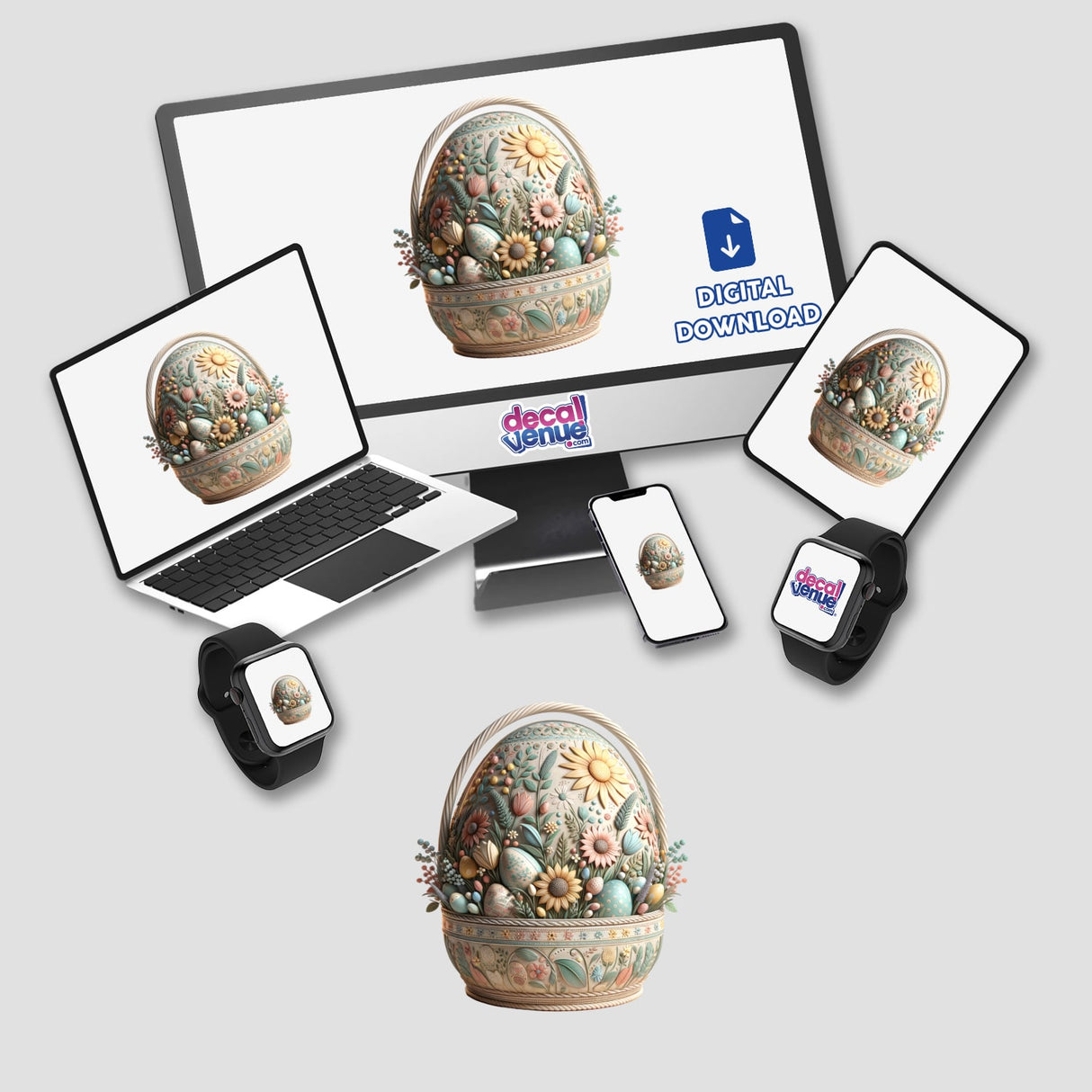 Intricately Designed Easter Egg Basket with Floral Art displayed on a computer monitor and laptop screen, highlighting its availability as stickers or digital artwork from Decal Venue.