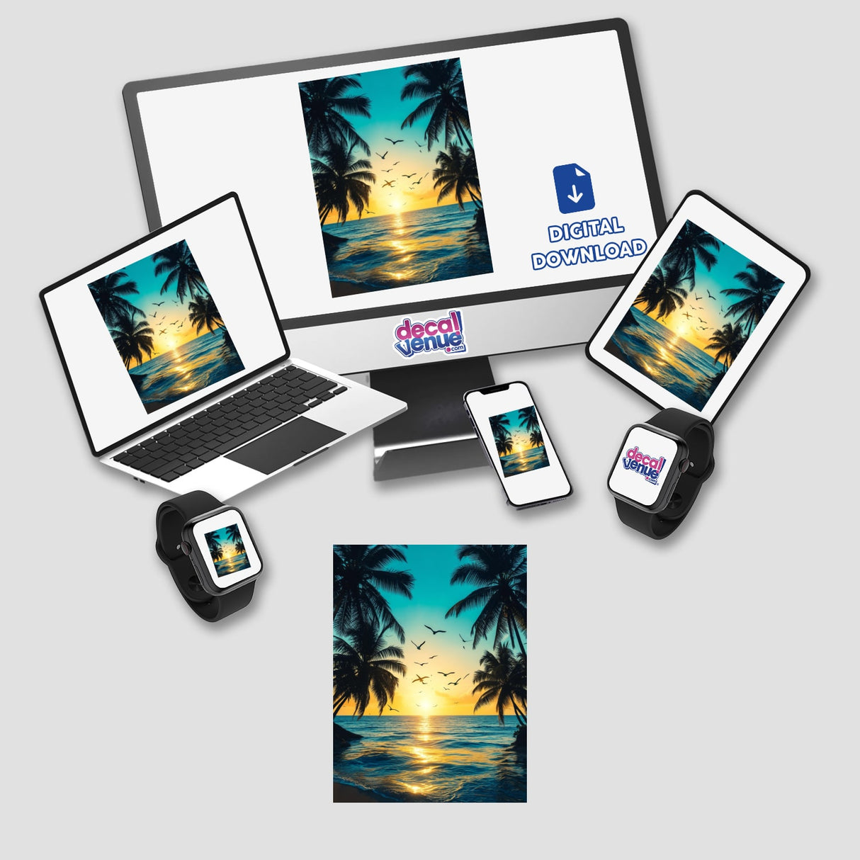 Tropical Twilight Seagulls Over Ocean Sunset depicted on a computer monitor and devices, showcasing digital artwork available as stickers or digital downloads from Decal Venue.