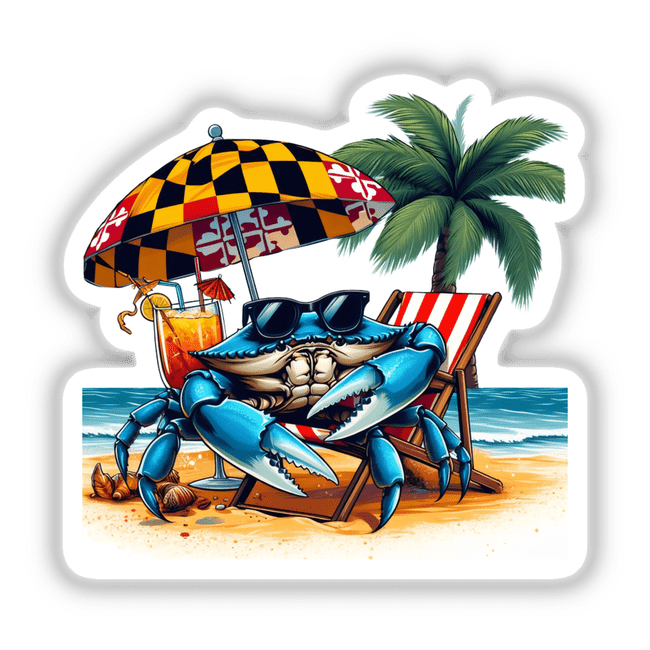 Maryland Shore Blue Crab Sitting in Beach Chair III features a cartoon blue crab in sunglasses lounging on a beach chair with a drink and umbrella, available as stickers or digital artwork.