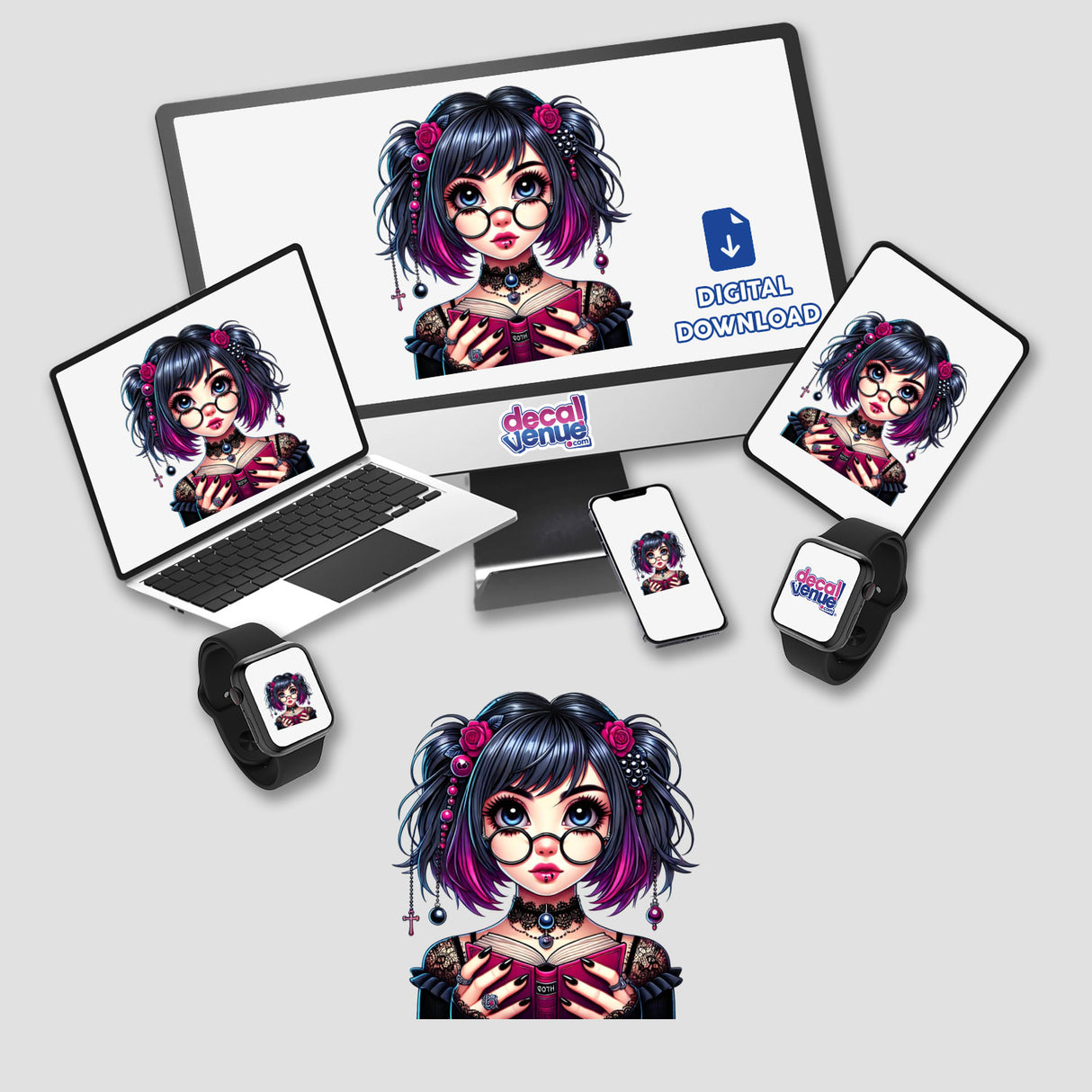 Goth girl in reading glasses holding a book, with colorful and stylized digital artwork design for stickers and merchandise