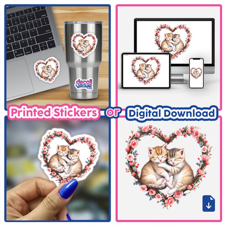 Snuggling Kittens in a Heart Wreath: A collage featuring cute cat stickers, ideal for personalizing items like laptops, embodying warmth and love, available as digital downloads or vinyl stickers.