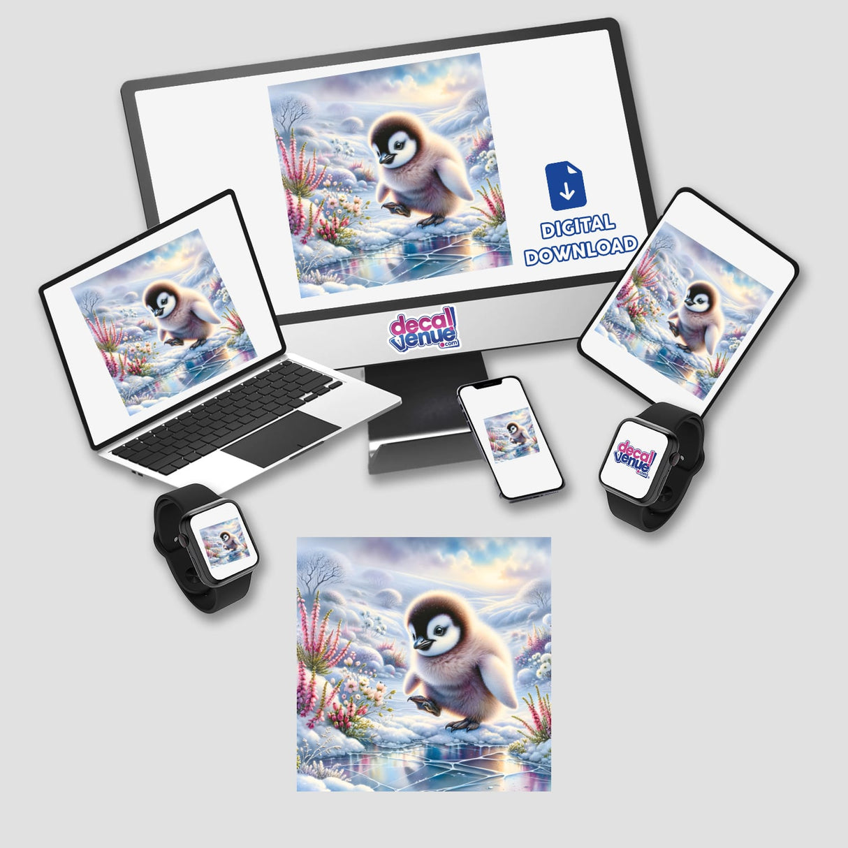 Penguin Chick in a Snowy Landscape Watercolor Illustration displayed on a computer and laptop screen, available as stickers or digital artwork from Decal Venue.