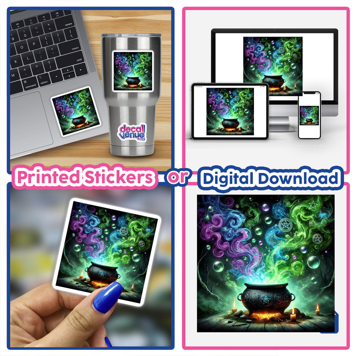 Witch's Brew - A Cauldron Overflowing with Magic: a collage showcasing stickers and digital downloads featuring cauldrons with colorful smoke, perfect for witchy decor from Decal Venue.