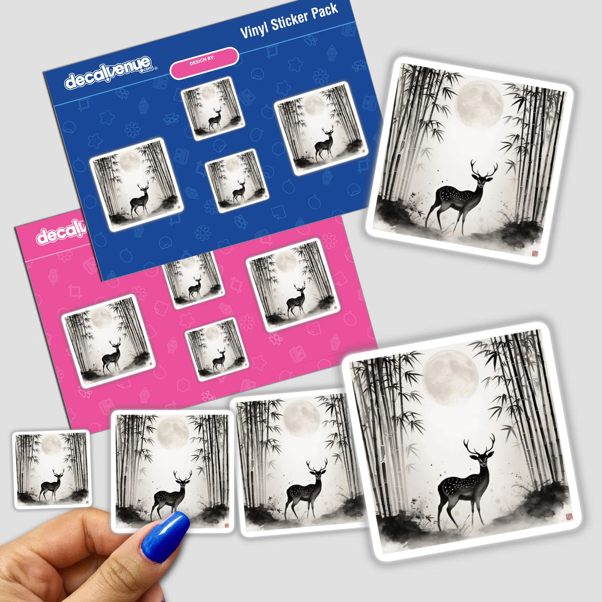 Deer in Bamboo Forest Under Moonlight Sumi-e Art, available as stickers or digital artwork, showcasing delicate ink brushwork with a serene deer amidst bamboo, reflecting traditional Japanese aesthetics.